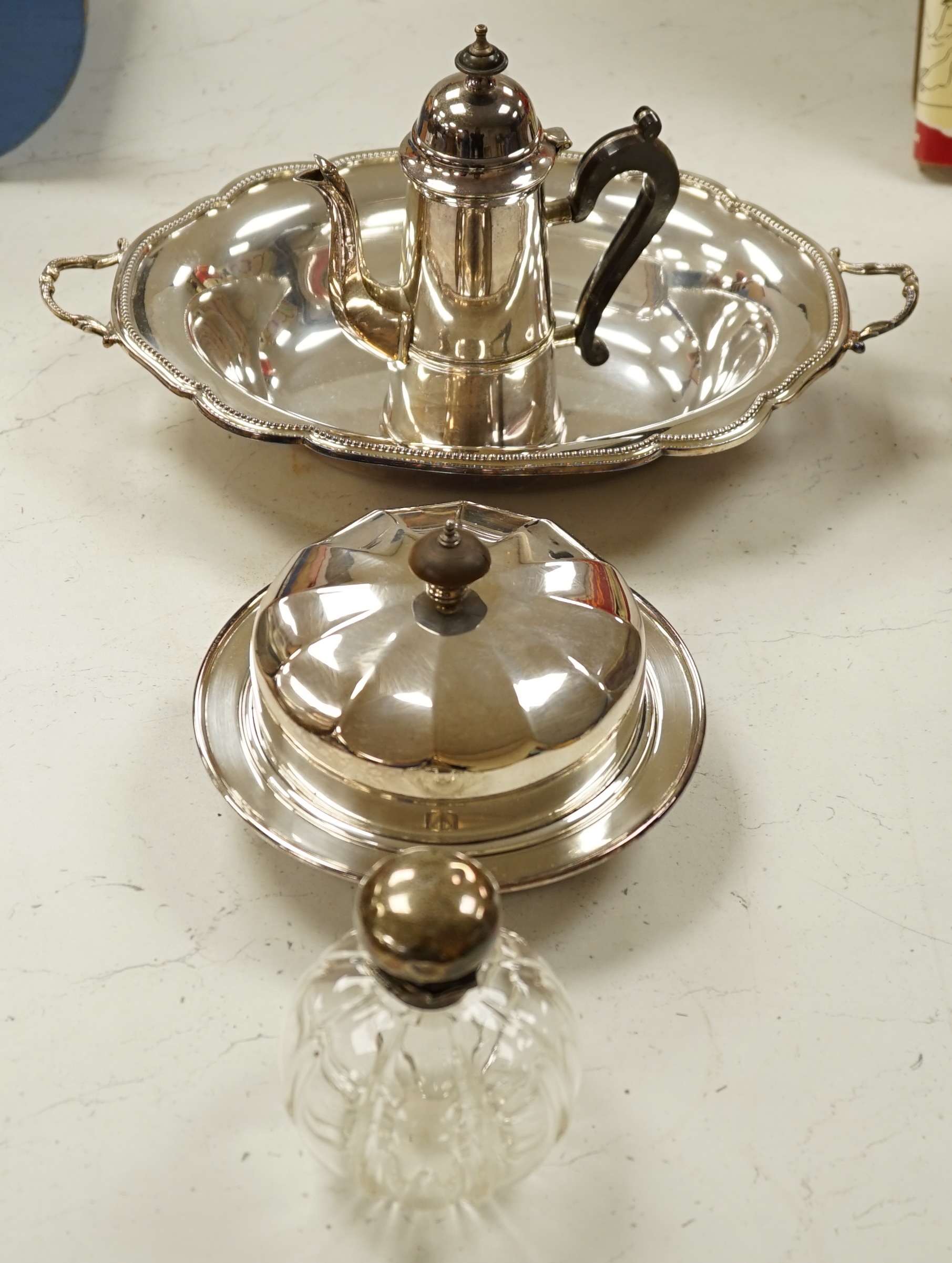 A silver mounted perfume bottle and quantity of plate. Condition - fair to good